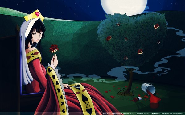 Anime picture 1920x1200 with alice in wonderland xxxholic clamp ichihara yuuko highres wide image night smoke girl plant (plants) tree (trees) rose (roses) paint