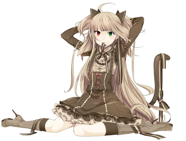 Anime picture 1343x1017 with utau toudou charo single long hair looking at viewer blush fringe blonde hair simple background red eyes white background sitting twintails green eyes animal ears tail animal tail cat ears cat tail high heels