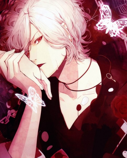 Anime picture 2048x2538 with diabolik lovers idea factory sakamaki subaru tall image looking at viewer highres short hair red eyes white hair portrait vampire boy necklace