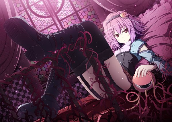 Anime picture 1541x1092 with touhou komeiji satori akashio (loli ace) single short hair red eyes purple hair lying eyes girl thighhighs black thighhighs boots hairband pillow bed