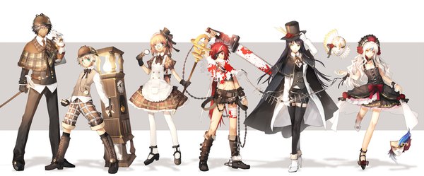 Anime picture 1600x665 with elsword eve (elsword) aisha landar rena erindel elsword (character) raven (elsword) chung (elsword) scorpion5050 long hair fringe short hair open mouth simple background blonde hair wide image standing white background purple eyes multiple girls holding