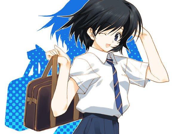 Anime picture 1600x1200 with colorful dot nakamura takeshi single blush short hair open mouth blue eyes black hair white background looking away one eye closed wink wallpaper girl uniform school uniform school bag
