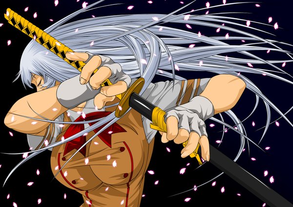 Anime picture 1972x1400 with ikkitousen chouun shiryuu raizen13 single long hair highres breasts large breasts silver hair eyes closed profile coloring black background girl weapon petals sword bowtie fingerless gloves katana