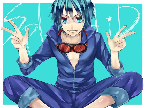 Anime picture 1400x1050 with happy tree friends splendid (htf) tagme (artist) single looking at viewer fringe short hair smile hair between eyes sitting aqua eyes aqua hair grin border victory outside border indian style personification aqua background goggles around neck