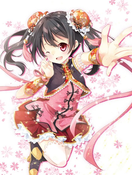 Anime picture 753x1000 with love live! school idol project sunrise (studio) love live! yazawa nico mocha (naturefour) single long hair tall image blush open mouth black hair red eyes twintails one eye closed wink hair bun (hair buns) outstretched hand girl thighhighs dress