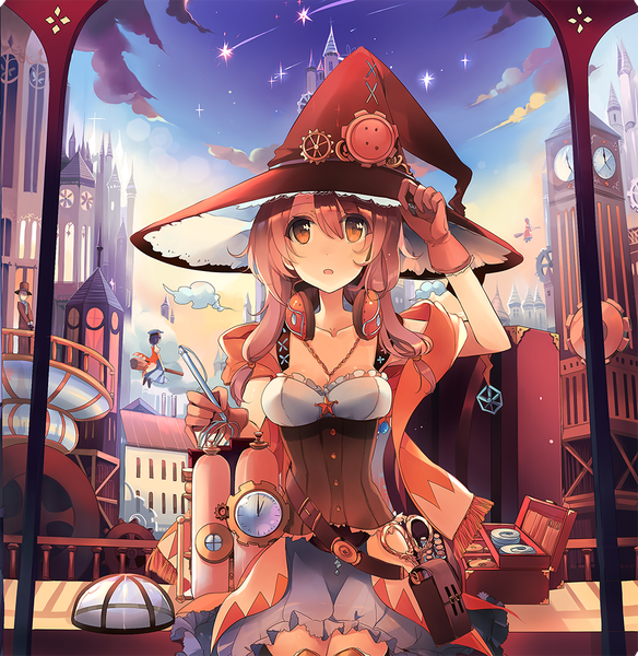 Anime picture 965x992 with original kirero (pixiv) long hair tall image fringe hair between eyes sitting holding brown eyes looking away pink hair sky parted lips pink eyes :o city cityscape flying adjusting hat headphones around neck