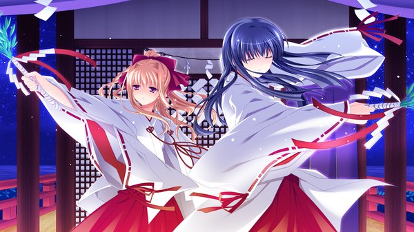 Anime picture 1024x576 with fortuna rhapsody long hair black hair blonde hair wide image multiple girls game cg eyes closed traditional clothes japanese clothes pink eyes miko girl bow 2 girls hair bow gohei chihaya (clothing)