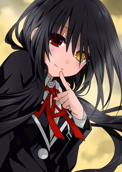 Anime picture 725x1021 with date a live tokisaki kurumi gishproud single long hair tall image blush fringe black hair simple background smile hair between eyes red eyes yellow eyes upper body heterochromia finger to mouth girl uniform school uniform
