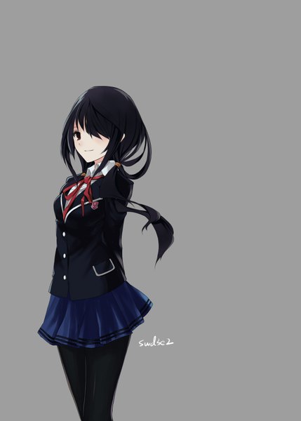 Anime picture 1181x1653 with date a live tokisaki kurumi swd3e2 single long hair tall image blush black hair simple background red eyes twintails signed light smile grey background low twintails hands behind back girl skirt uniform ribbon (ribbons)