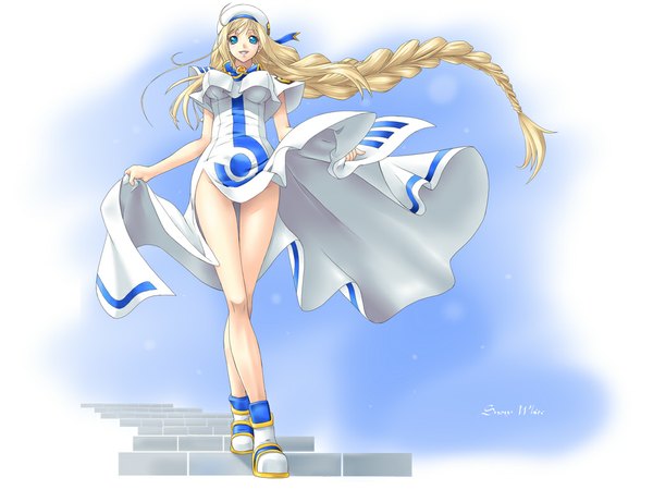 Anime picture 1024x768 with aria alicia florence yaso shigeru blue eyes light erotic blonde hair braid (braids) hat