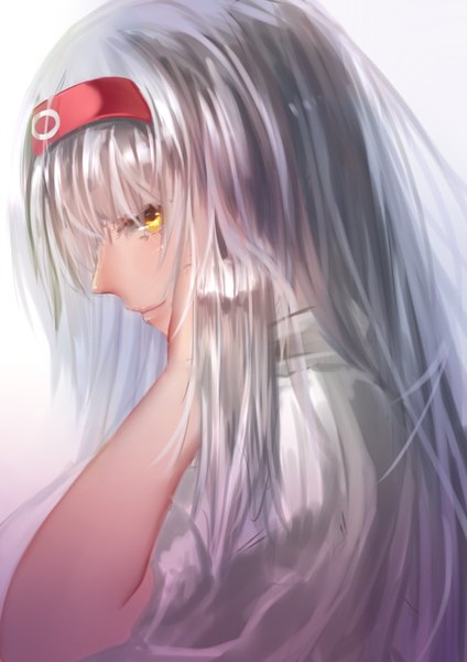 Anime picture 2480x3507 with kantai collection shoukaku aircraft carrier ise dango single long hair tall image looking at viewer blush fringe highres white background yellow eyes silver hair upper body traditional clothes japanese clothes profile light smile lips hair over one eye
