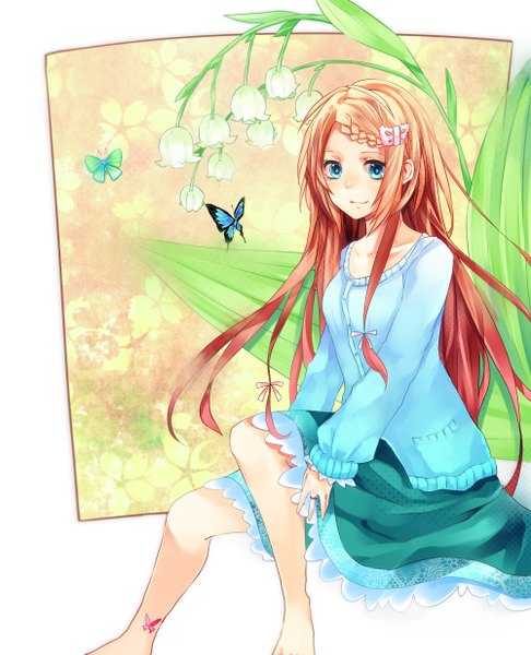 Anime picture 2000x2467 with original wakatsuki you single long hair tall image looking at viewer highres blue eyes orange hair girl dress flower (flowers) insect butterfly