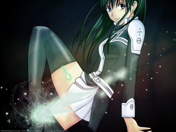 Anime picture 1600x1200 with d.gray-man lenalee lee single long hair blue eyes simple background looking away green hair wallpaper dark background girl thighhighs uniform black thighhighs