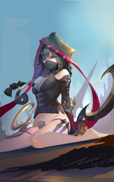 Anime picture 1000x1590 with original rabbit (tukenitian) single long hair tall image looking at viewer fringe breasts blue eyes light erotic black hair sitting wariza hands behind back girl weapon hood mask