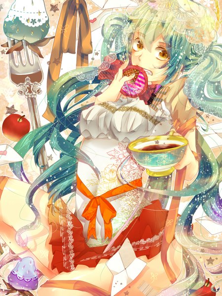 Anime picture 1200x1600 with vocaloid hatsune miku togashi (choco-bakama kitchen) single long hair tall image looking at viewer twintails brown eyes aqua hair sparkle eating girl bow ribbon (ribbons) miniskirt food heart sweets star (symbol)