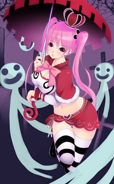 Anime picture 620x1000 with one piece toei animation perona shokuyou mogura single long hair tall image looking at viewer light erotic twintails pink hair black eyes midriff ghost girl thighhighs navel miniskirt umbrella striped thighhighs