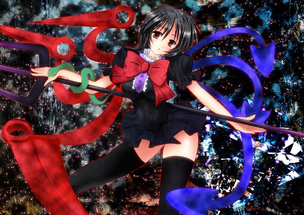 Anime picture 1500x1060 with touhou houjuu nue fule single short hair black hair red eyes girl thighhighs dress bow weapon black thighhighs wings trident