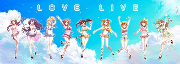 Anime picture 3500x1250 with love live! school idol project sunrise (studio) love live! nishikino maki yazawa nico toujou nozomi minami kotori ayase eli sonoda umi kousaka honoka hoshizora rin koizumi hanayo chim long hair looking at viewer blush highres short hair breasts open mouth