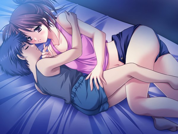 Anime picture 1601x1201 with intruder itou youko (intruder) yamamoto kazue long hair short hair black hair brown hair brown eyes game cg lying girl boy shorts