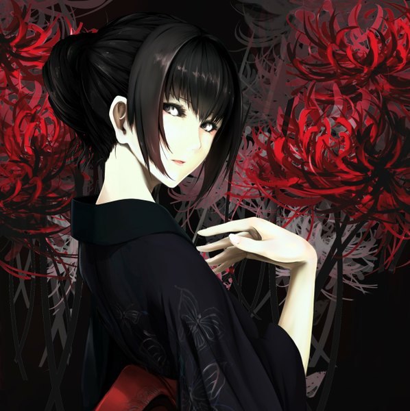 Anime picture 1275x1280 with original erise single tall image looking at viewer short hair open mouth black hair looking away ponytail traditional clothes japanese clothes profile looking back grey eyes portrait eyeshadow girl flower (flowers) kimono