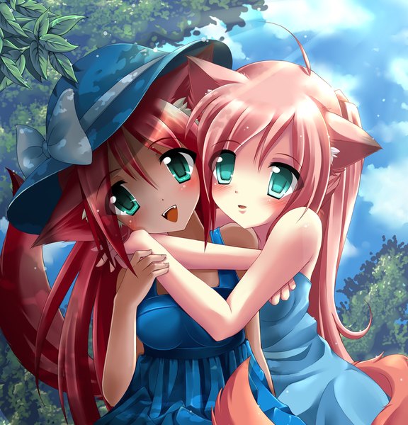 Anime picture 1200x1250 with original sera-chama long hair tall image blush open mouth smile multiple girls green eyes pink hair sky cloud (clouds) ahoge loli hug fox ears fox tail fox girl girl dress