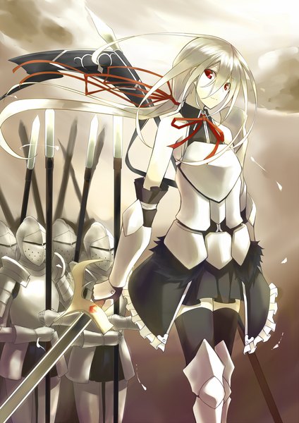 Anime picture 1200x1697 with original zinnia silane kauto long hair tall image red eyes silver hair army girl thighhighs ribbon (ribbons) weapon black thighhighs hair ribbon sword armor banner