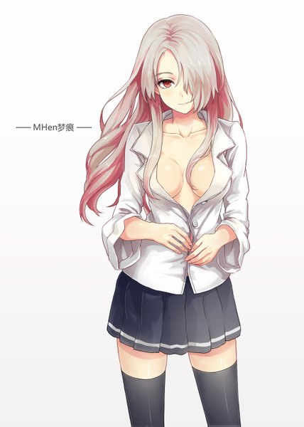 Anime picture 1021x1430 with dungeon and fighter mr.dark single long hair tall image looking at viewer fringe light erotic smile red eyes standing pink hair pleated skirt hair over one eye open clothes open shirt naked shirt girl thighhighs skirt