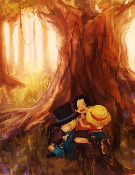 Anime picture 1600x2071 with one piece toei animation monkey d. luffy portgas d. ace sabo (one piece) kai-ji tall image short hair open mouth black hair blonde hair sitting eyes closed profile multiple boys teeth sleeping trio boy flower (flowers)