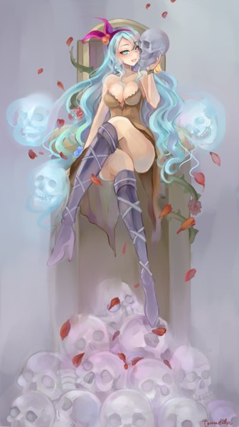 Anime picture 898x1600 with romancing saga romancing saga 2 rocbouquet batian single long hair tall image looking at viewer highres breasts open mouth blue eyes light erotic sitting bare shoulders blue hair cleavage grey background high heels crossed legs