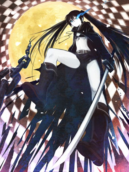 Anime picture 750x1000 with black rock shooter black rock shooter (character) hirokiku single long hair tall image blue eyes black hair twintails glowing glowing eye (eyes) checkered background girl weapon sword shorts katana chain cloak knee boots