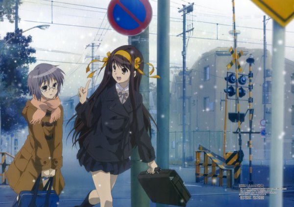 Anime picture 5789x4076 with suzumiya haruhi no yuutsu kyoto animation megami magazine suzumiya haruhi nagato yuki long hair highres short hair black hair multiple girls yellow eyes absurdres silver hair official art girl 2 girls glasses serafuku hairband scarf