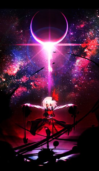 Anime picture 1000x1734 with touhou rumia isami-san tall image looking at viewer open mouth blonde hair smile night arms up outstretched arm glowing glowing eye (eyes) revision eclipse darkness girl skirt ribbon (ribbons) moon