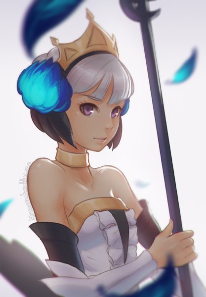Anime picture 661x950 with odin sphere vanillaware gwendolyn koyoriin single tall image looking at viewer fringe purple eyes bare shoulders holding signed silver hair upper body blunt bangs gradient background watermark girl hair ornament detached sleeves