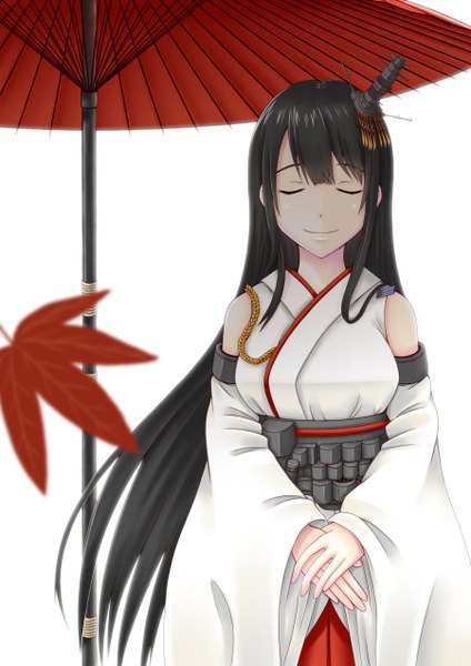 Anime picture 900x1272 with kantai collection fusou battleship sano souichi single long hair tall image black hair simple background smile white background eyes closed traditional clothes miko girl hair ornament detached sleeves leaf (leaves) umbrella