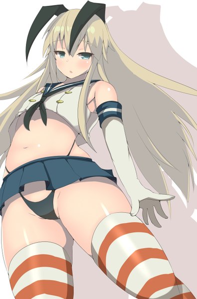 Anime picture 1000x1518 with kantai collection shimakaze destroyer souma (ordures) single long hair tall image blue eyes light erotic blonde hair white background looking away bare belly shadow from below looking down girl thighhighs skirt gloves navel