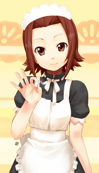 Anime picture 1200x2097 with k-on! kyoto animation tainaka ritsu nagian single tall image looking at viewer short hair smile brown hair brown eyes signed yellow background waitress girl apron bonnet