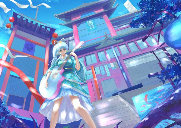 Anime picture 1280x907 with original canji0 single long hair blue eyes white hair ponytail traditional clothes japanese clothes girl hair ornament plant (plants) tree (trees) kimono guitar japanese house