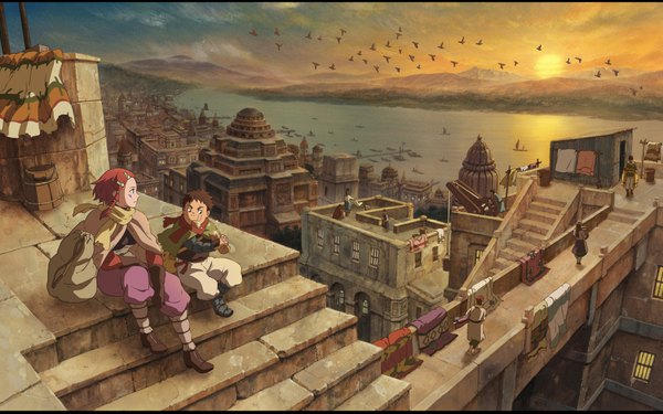Anime picture 1920x1200 with xam'd lost memories nakiami yango highres short hair brown hair wide image sky red hair city evening sunset cityscape scenic girl boy animal bird (birds) stairs