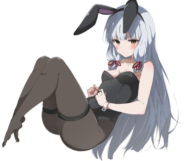 Anime picture 800x696 with kantai collection murakumo destroyer koutya single long hair looking at viewer blush fringe light erotic simple background white background bare shoulders brown eyes animal ears grey hair alternate costume embarrassed no shoes legs fake animal ears
