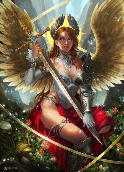 Anime picture 1000x1384 with manusia-no-31 single long hair tall image breasts light erotic brown hair sitting bare shoulders braid (braids) aqua eyes head wings angel girl flower (flowers) ribbon (ribbons) weapon plant (plants) detached sleeves sword