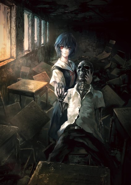 Anime picture 707x1000 with neon genesis evangelion rebuild of evangelion evangelion: 2.0 you can (not) advance gainax ayanami rei archlich tall image looking at viewer short hair red eyes blue hair ruins classroom skeleton post-apocalyptic girl uniform school uniform shirt window