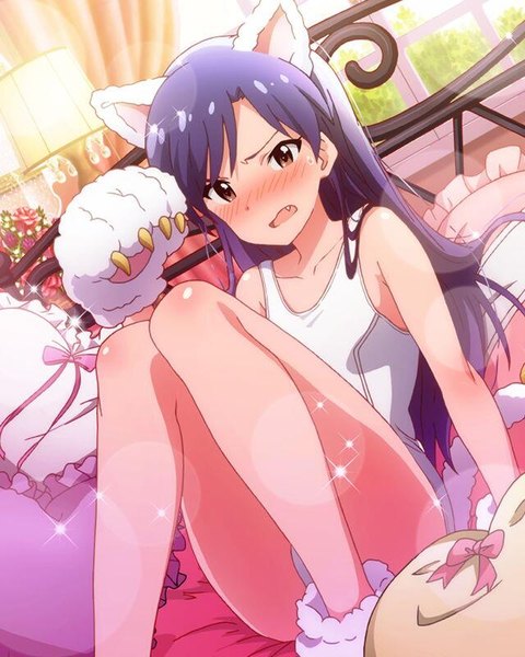 Anime picture 640x800 with idolmaster idolmaster million live! kisaragi chihaya single long hair tall image looking at viewer blush fringe breasts open mouth light erotic brown eyes animal ears purple hair bent knee (knees) tail animal tail cat ears official art