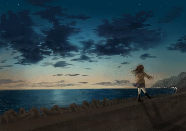 Anime picture 1700x1200 with original tomi (artist) single highres short hair brown hair sky cloud (clouds) from behind spread arms girl serafuku sea