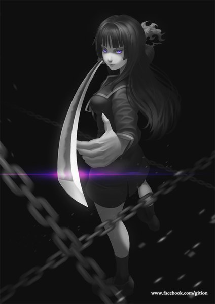 Anime picture 1309x1851 with ga-rei zero isayama yomi regition single long hair tall image looking at viewer black hair simple background standing purple eyes from above lips glowing black background monochrome glowing eye (eyes) glow girl weapon