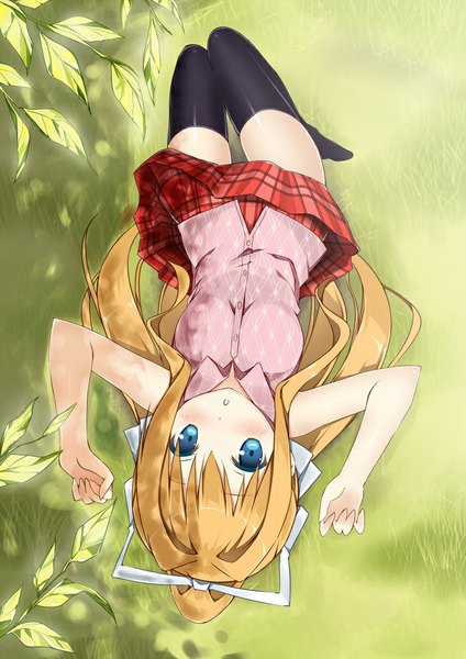Anime picture 707x1000 with air key (studio) kamio misuzu sky-freedom single long hair tall image looking at viewer blush blue eyes blonde hair ponytail lying from above arms up on back no shoes sleeveless thigh gap plaid skirt