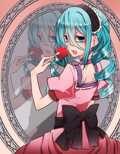 Anime picture 1250x1600 with vocaloid hatsune miku kan (sagasaga123) single long hair tall image open mouth blue eyes twintails blue hair drill hair reflection girl dress headdress heart