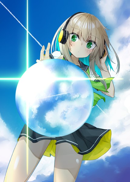 Anime picture 800x1122 with original kavka single long hair tall image looking at viewer blush fringe blonde hair standing green eyes sky cloud (clouds) outdoors multicolored hair aqua hair two-tone hair from below colored inner hair hand on headphones