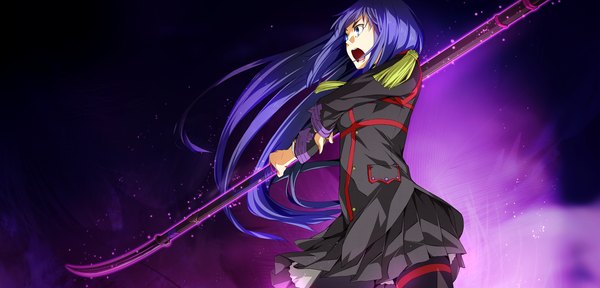 Anime picture 2250x1080 with soushuu senshinkan gakuen hachimyoujin gadou rinko g yuusuke single long hair highres open mouth blue eyes wide image blue hair game cg dark background girl weapon naginata