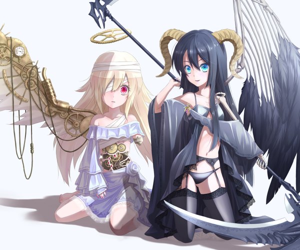 Anime picture 1800x1500 with original hadi long hair highres blue eyes light erotic black hair blonde hair red eyes multiple girls horn (horns) mechanical wings bandage over one eye girl thighhighs navel underwear panties black thighhighs 2 girls