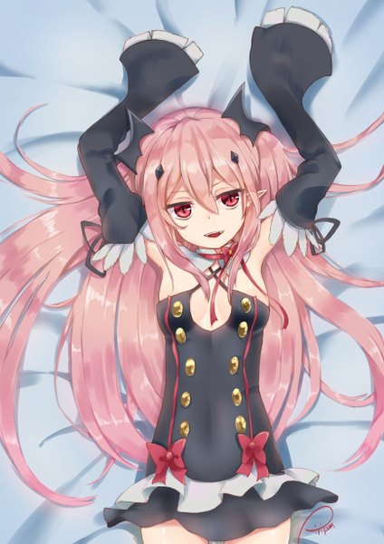 Anime picture 868x1228 with owari no seraph wit studio kururu tepes piripun single tall image looking at viewer fringe breasts open mouth simple background hair between eyes red eyes signed pink hair lying parted lips light smile from above wide sleeves